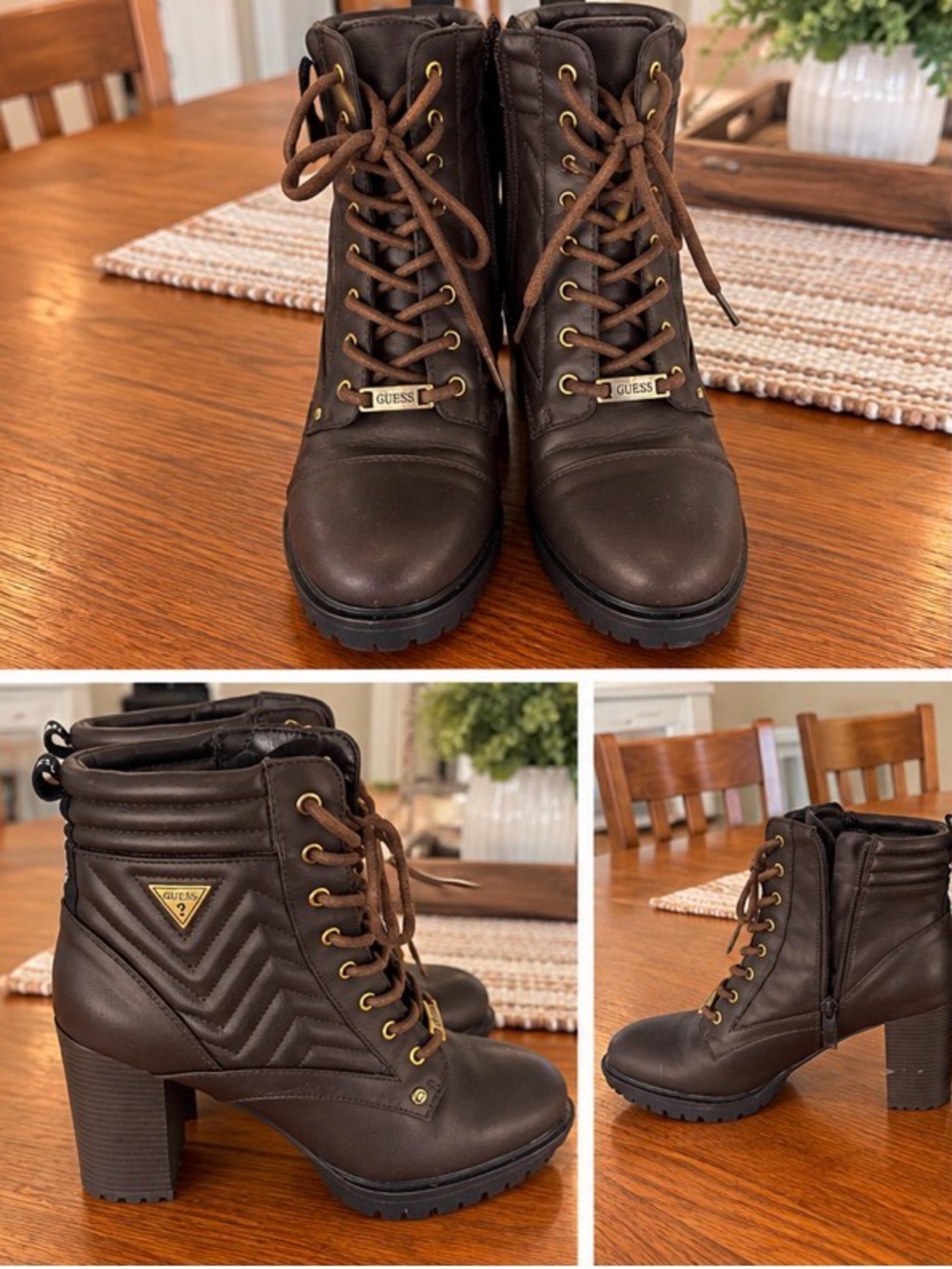 GUESS Dark Brown Lace-Up Heeled Ankle Boots with Gold Hardware